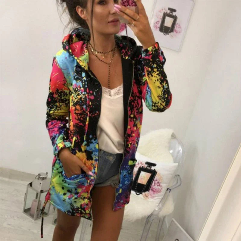 Black Jackets Women Outerwear Coats 2025 Jackets Female Fashion Tie Dyeing Print Outwear Sweatshirt Hooded Zopper Coat Harajuku
