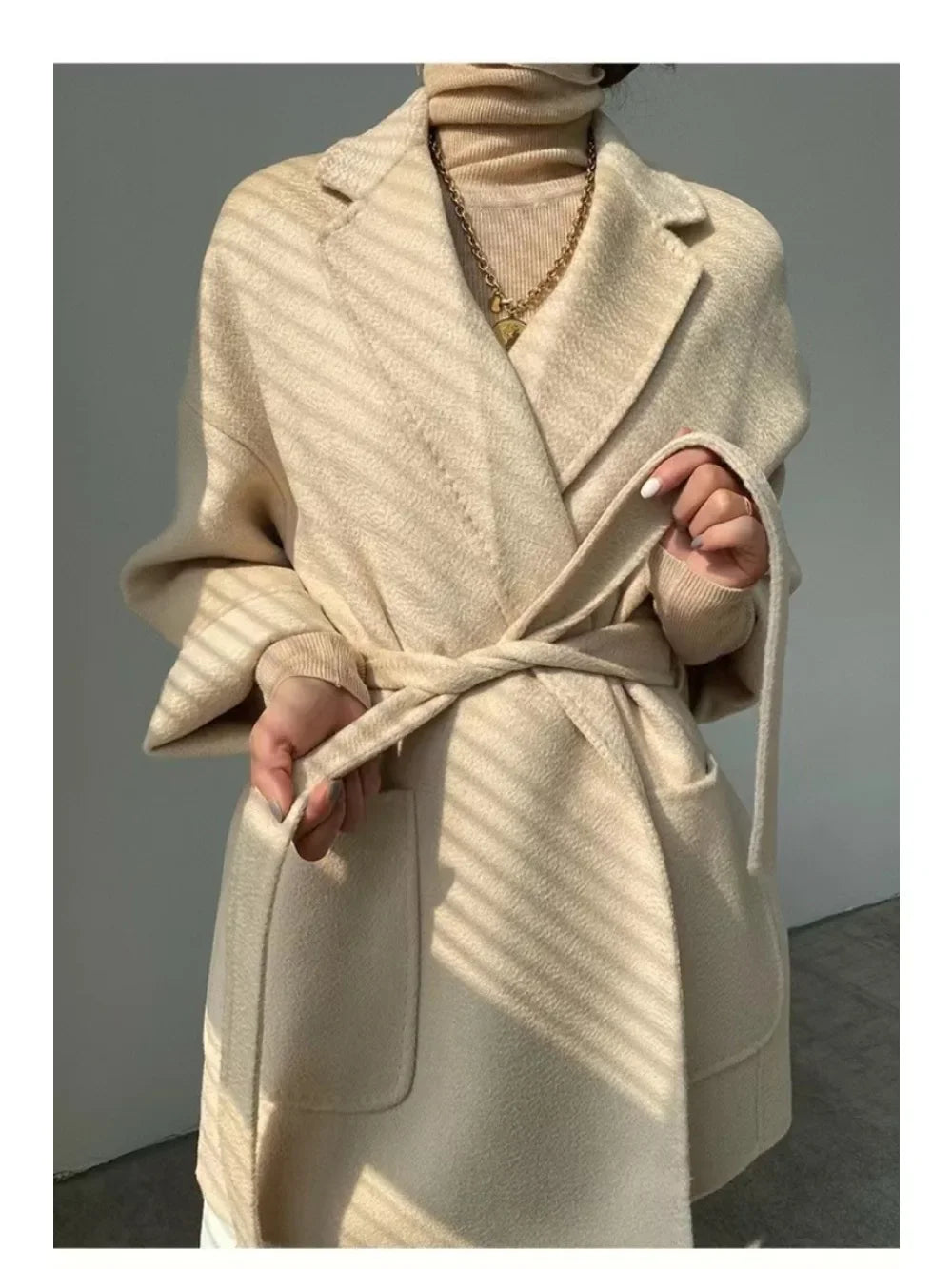 2024 Winter Casual Adjustable Waist Wool Coat Women Water Ripples Woolen Coat Jackets female New Autumn Camel Coat Commuting