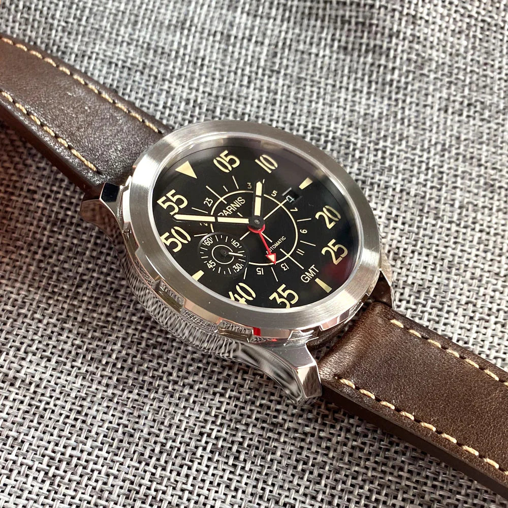 PARNIS GMT Pilot Vintage Automatic Watch for Men 316L Stainless Steel Leather Band Glass Back ST2557 Movement Sports Watches