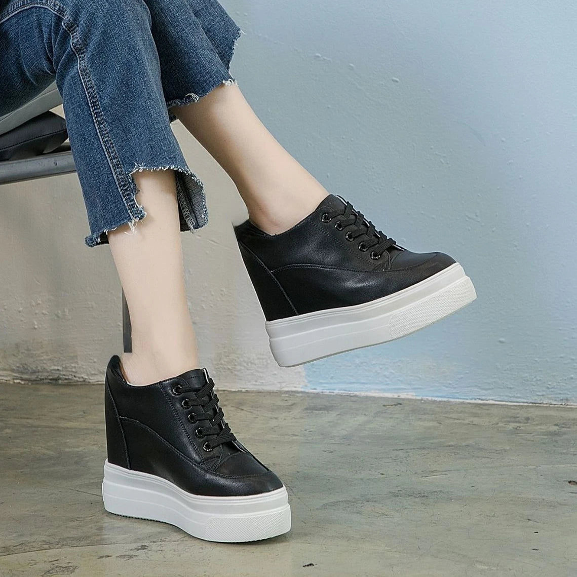 Fujin 11cm Platform Wedge Sneakers Shoes Genuine Leather Women Fashion Sneakers Hidden Heel Shoes Spring Autumn Summer Pumps