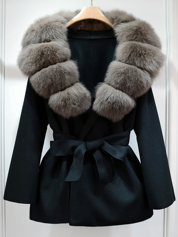 Janveny Wool Coat Women 2025 New Winter Autumn Cashmere Coats Luxury Real Fox Fur Collar Ladies Elegant Belt Design Outwear
