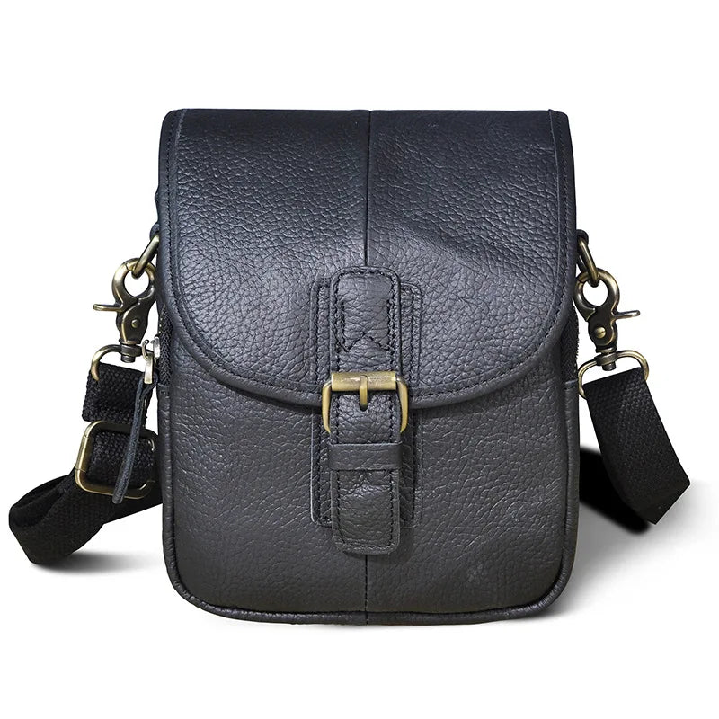 Men Genuine Crazy Horse Leather Waist Pack 7-Inch Vintage Outdoor Hip Bag with Hook Phone Camera Pouch Male Crossbody Bags