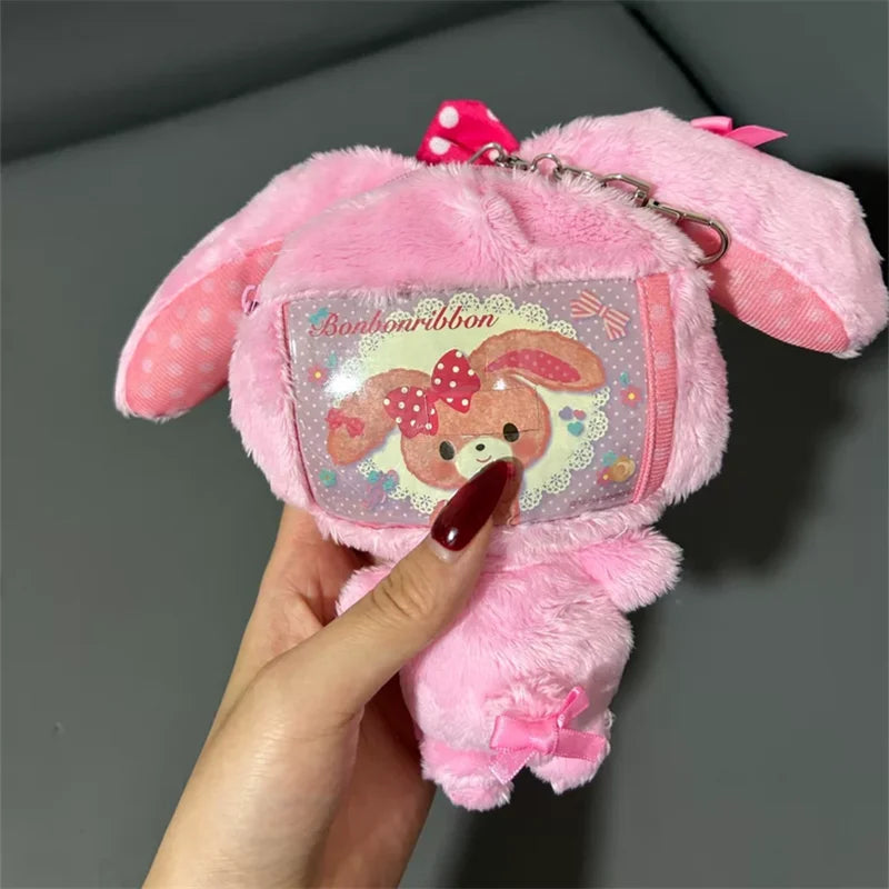Bonbonribbon Plush ID Card Holder Pass Case Retractable Pink Bunny Body Cute Coin Purse Coin Pouch Wallet Kawaii Bag Keychain