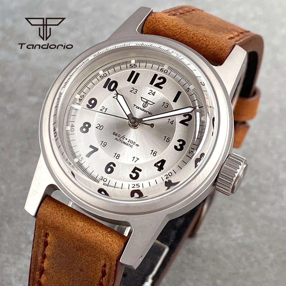 Tandorio Sandblasted 36mm Men's Dive Mechanical Wristwatch Domed Sapphire Crystal NH35 PT5000 20BAR Luminous Watch Date Leather
