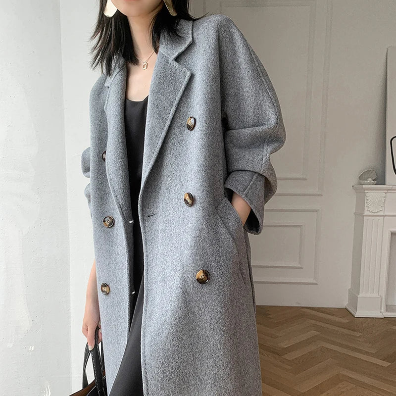 High Quality Double Sided 100%Wool Coat Women Long Double Breasted Elegant Loose Cashmere Winter Jacket