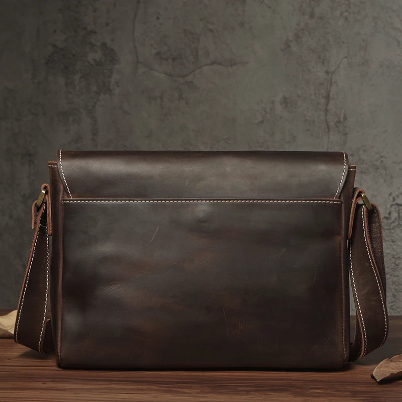 NUKA Men's Genuine Leather Shoulder Bag Retro Original Cowhide Horizontal Crossbody Deluxe Flap Messenger Bags For 11 Inch Ipad