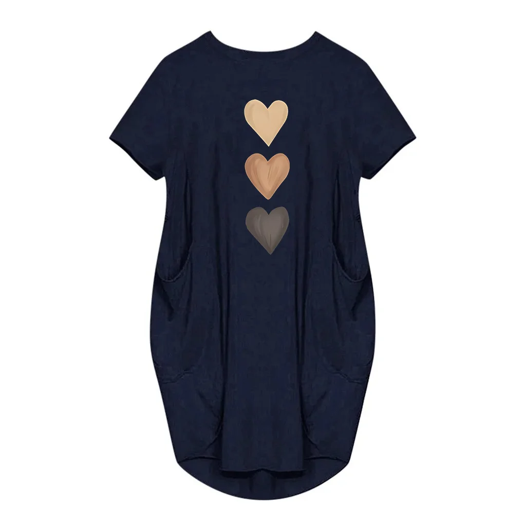 Women's three heart-shaped printed pocket dress, casual round neck short sleeved dress for spring and summer women's wear