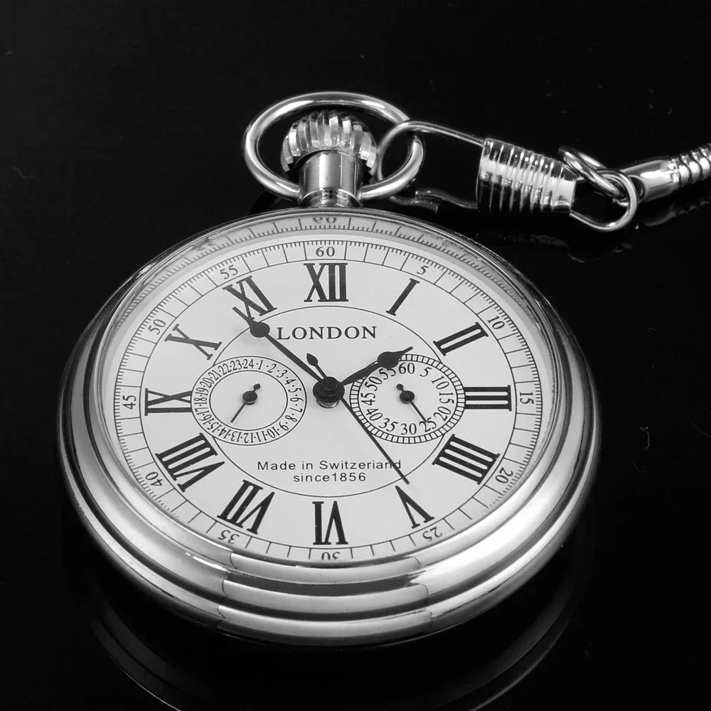 Luxury London 1856's Antique Pocket Watch Mechanical Hand Winding Stainless Steel Case Mens FOB Chain Pocket Watch Reloj Gift