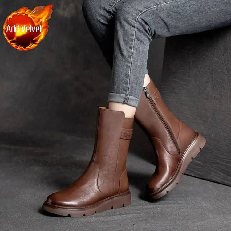 Footwear Mid Calf Women's Boots Wedge Heel Biker Shoes For Woman Half High Leather Brown Fashion 2024 On Offer Korean Style Y2k