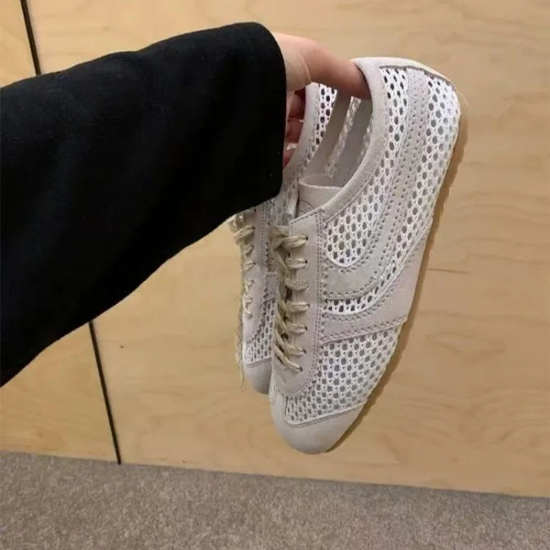 MORAZORA INS Fashion Suede Leather Women Sneakers Lace Up Mesh Breathable Cut Outs Flat Shoes Summer Casual Shoes Female