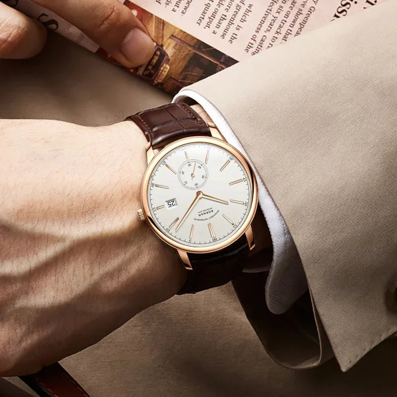 BORMAN Luxury Mens Automatic Mechanical Watch Rose Gold Case Sub Dial Sport Watches Genuine Leather High Quality Gentleman Clock