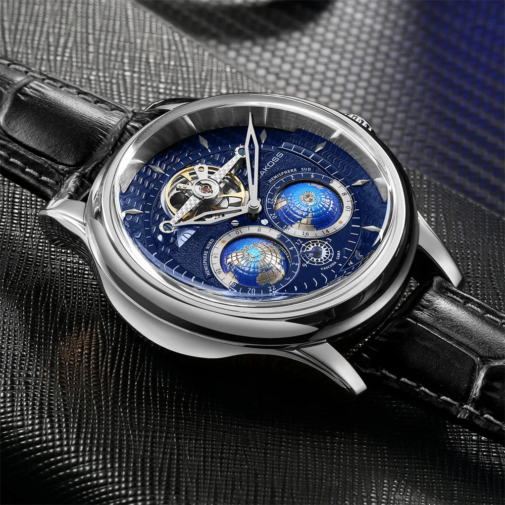 SEAKOSS 3D Double Earth Rotating Men's Mechanical Watch Automatic Movement Waterproof Clock Pilots Male 1963 Flywheel Watches