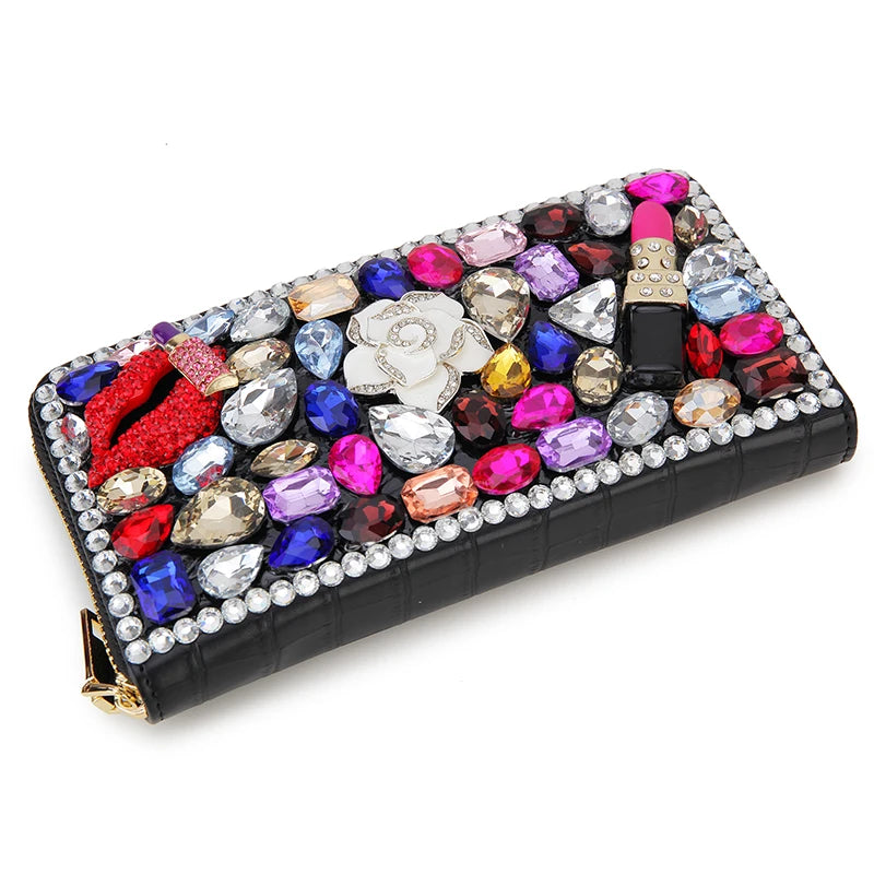 Luxury Diamond Women Long Purse Card Holder Coinetter Color Crystal Red Lip Pearl Wallet Pu Leather Zipper Around Wallet Female