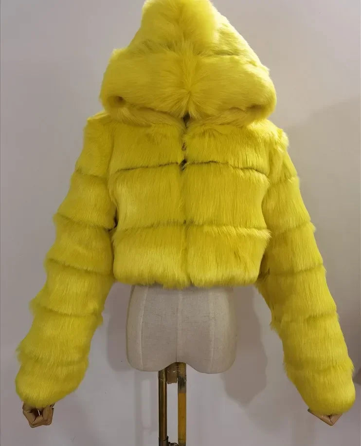 Fashion Warm Faux Fur Thicken Coat For Women Vintage Long Sleeve Hooded Short Female Jackets Autumn Winter Chci Lady Streetwear