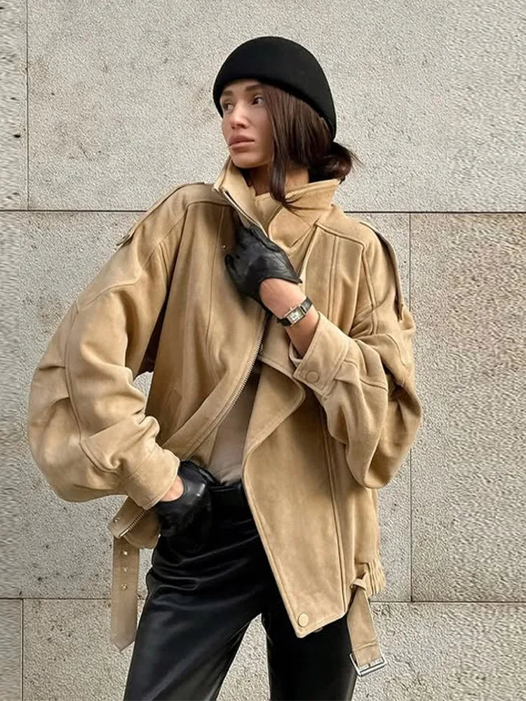 Vintage Women's Belt Short Suede Jackets Loose Lapel Zipper Full Sleeve Zipper Coat Female 2025 Autumn Lady Commute Outwear