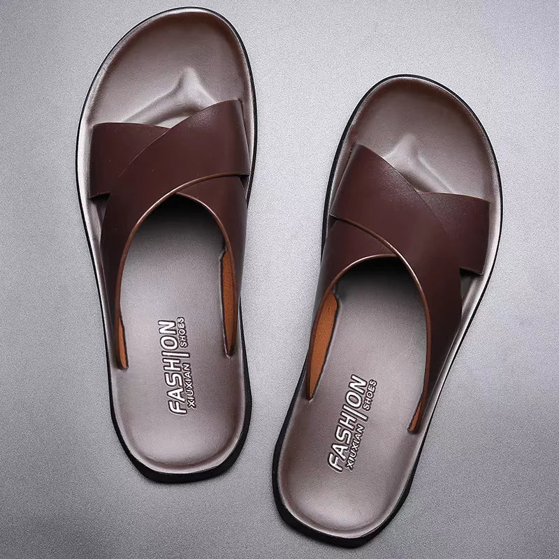 Slippers Men's beach shoes,Summer New Male slides,Peep Toe slippers Black/Brown calf leather shoes Adults Teenagers USA Fashion