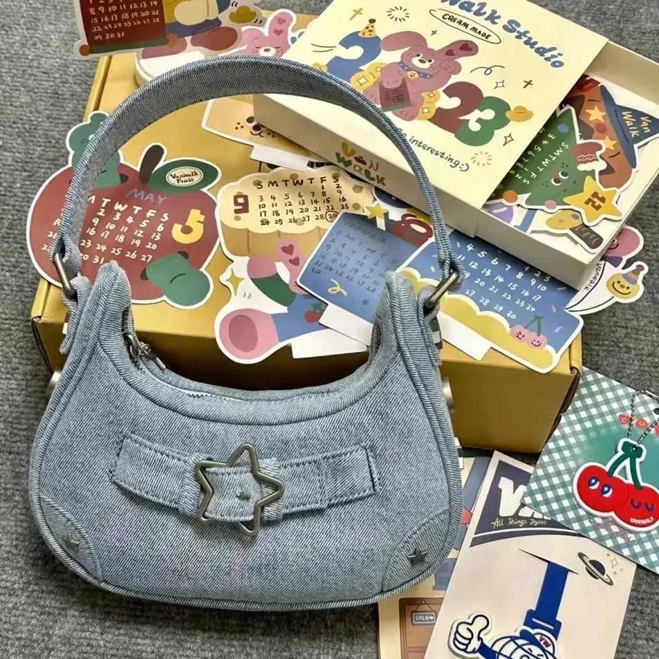 Vintage Korean Casual Cute White Star Shoulder Underarm Tote Bag Ladies Sling Bags Leather Zip Purses Handbags Women