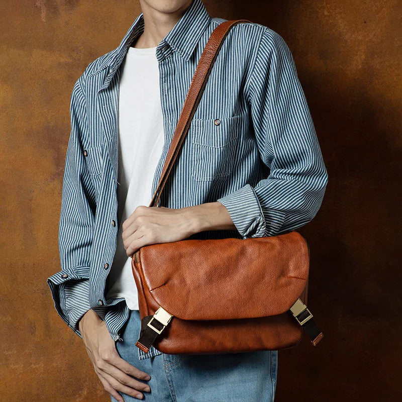 Functional Messenger Bag MEN'S Ins Tide Leather Shoulder Bag Retro MEN'S Casual Vegetable Tanned Leather Messenger Bag