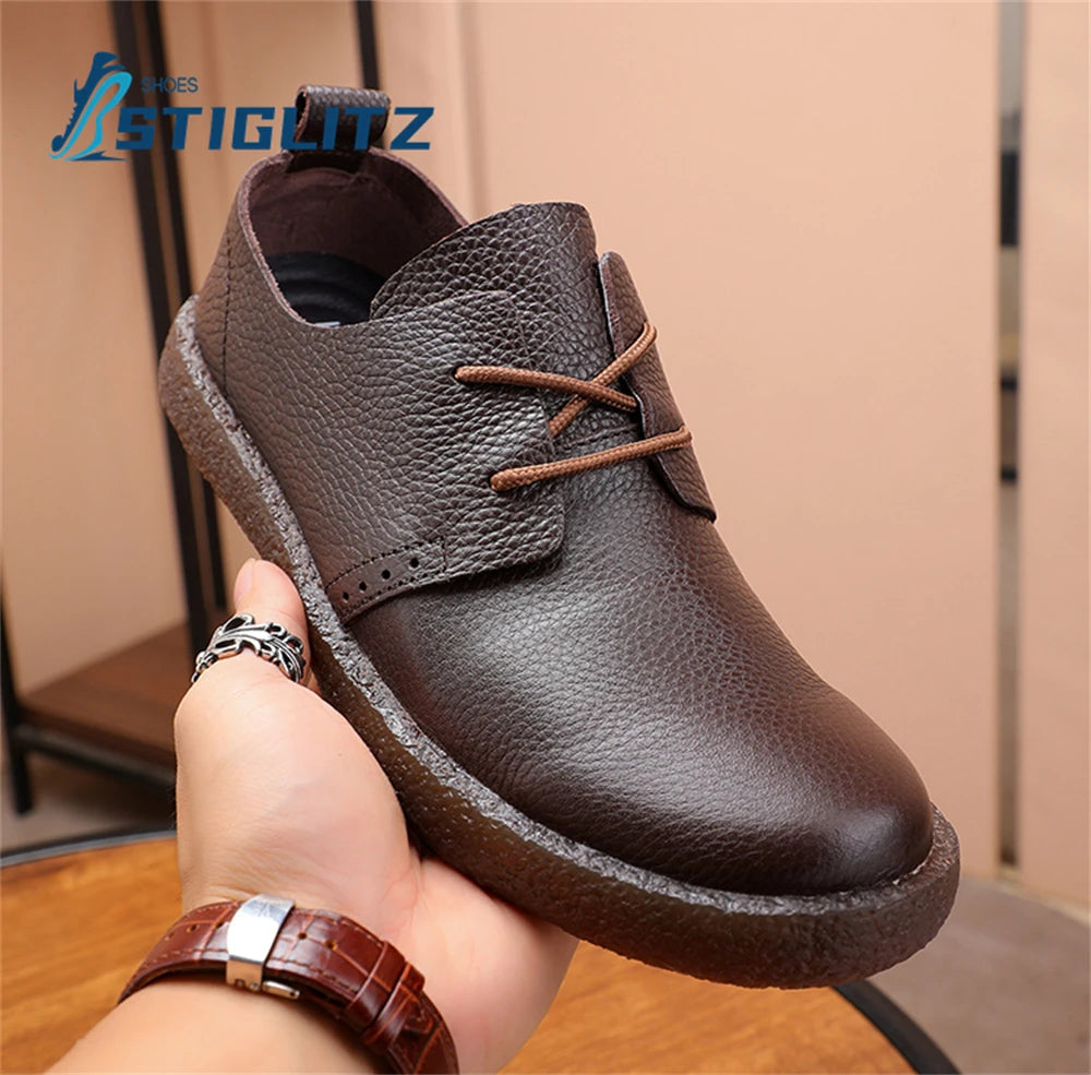 Solid Color Cowhide Lace Up Oxford Shoes for Men Non-Slip Soft Sole High Quality Men's Genuine Leather Shoes Flat Casual Shoes