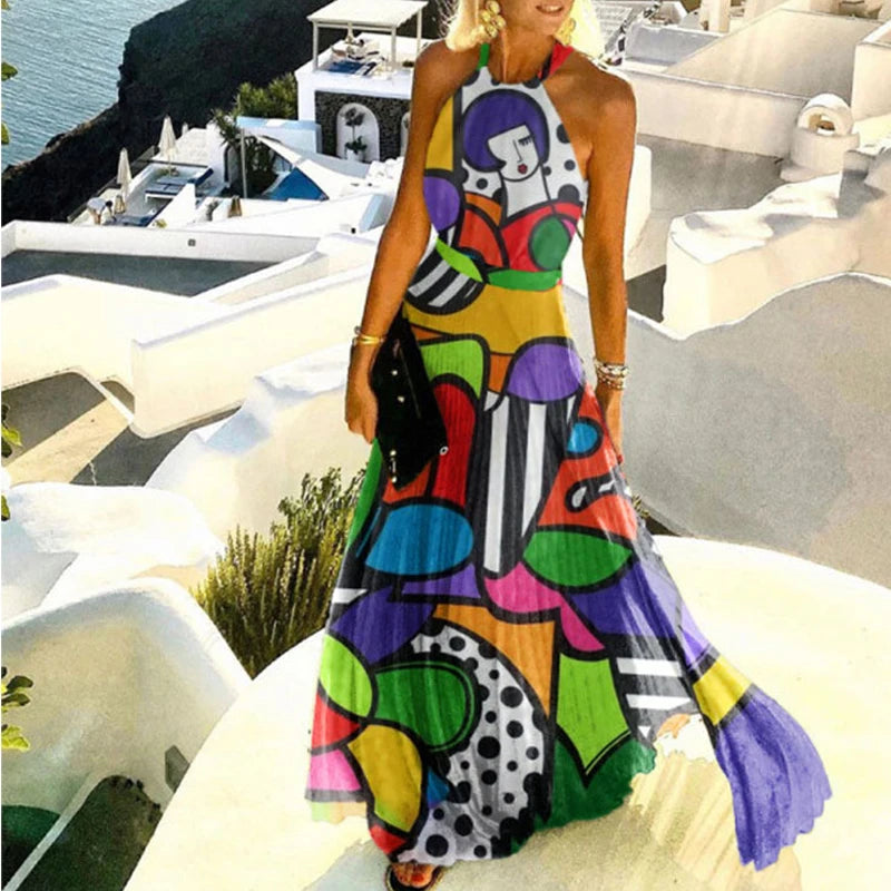 Fashion Sexy Halter Print Pleated Long Dress Women Sweet O Neck Beach Cover-Ups Robe Summer Sleeveless Casual Boho Maxi Sundress