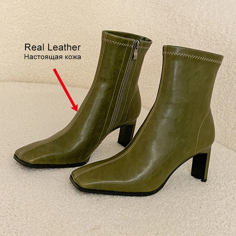JOZHAMTA Size 34-40 Real Leather Ankle Boots For Women Stone Block High Heels Shoes Winter 2025 Fashion Office Lady Dress