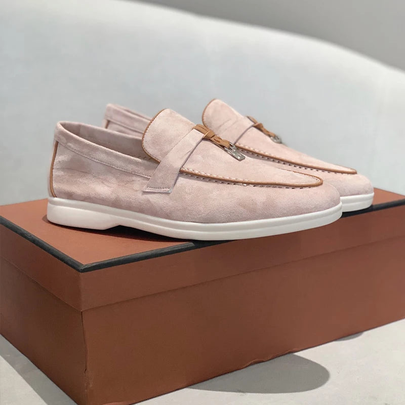 2025 Men's Flat Loafer Summer Top Quality Suede Leather Tassel Metal Buckle Pink Slipper Mules Comfortable Slip on Shoes
