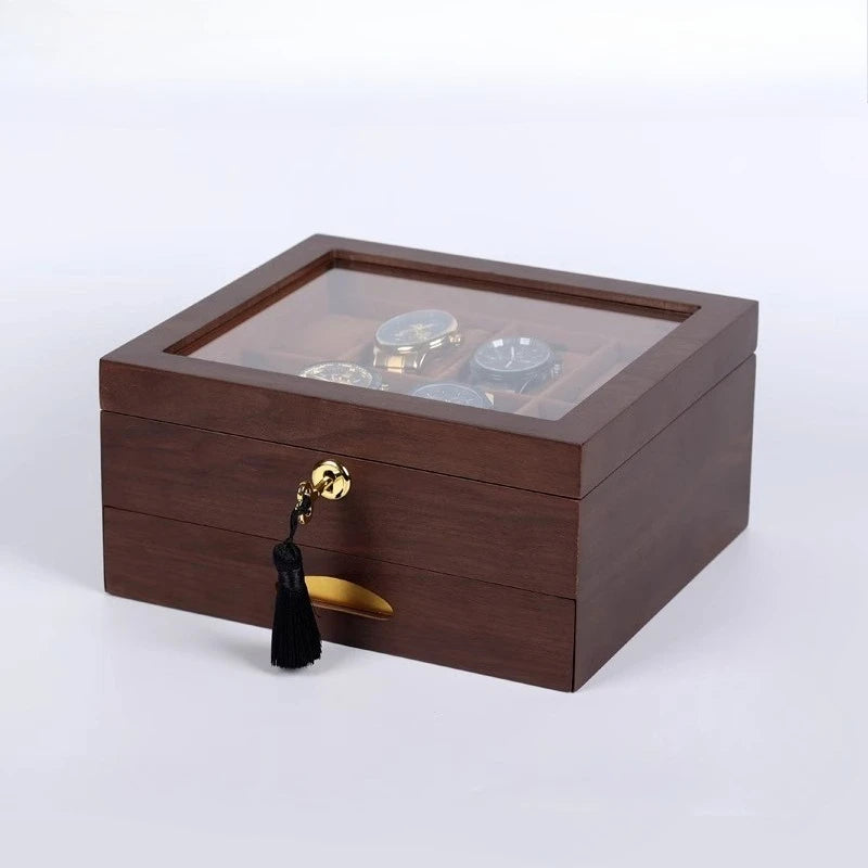 Wooden Watch Boxes Drawer Jewelry Watches Display Box Transparent Window Watches Storage Case with Lock Jewellery Organizer