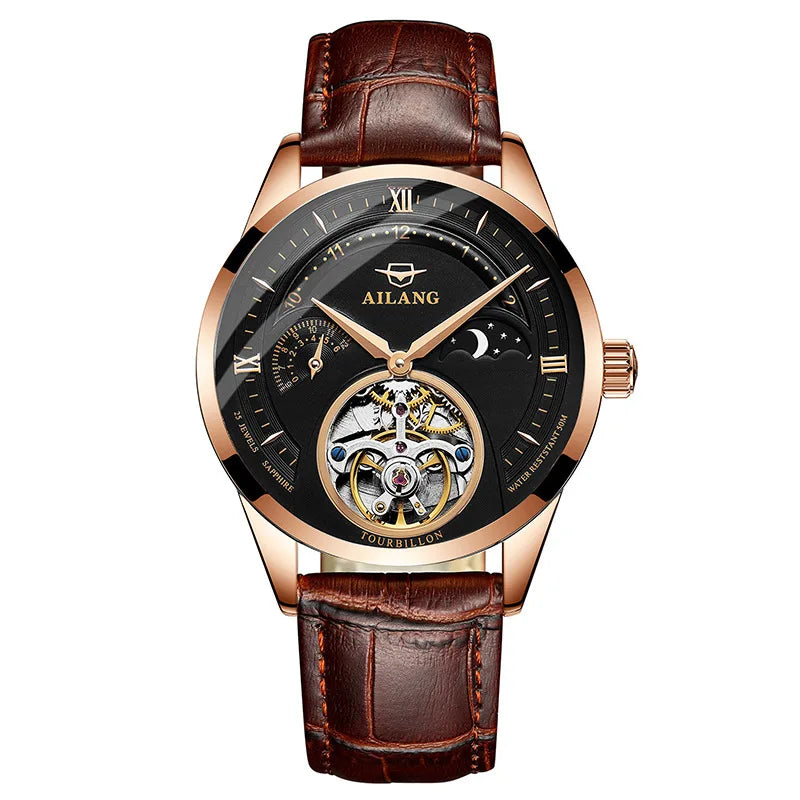 AILANG Automatic Mechanical Watches Mens Watches Top Brand Luxury Sapphire Genuine Leather Original Tourbillon Hollow Movement
