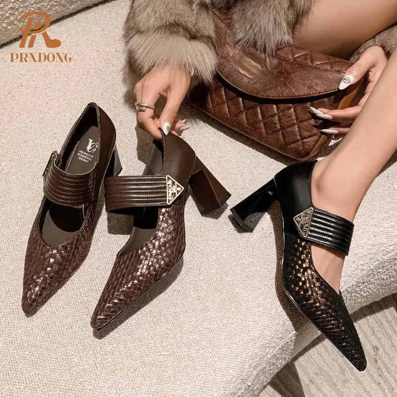 PRXDONG Genuine Leather Women Pumps 2025 New Spring Summer High Heels Pointed toe Black Brown Dress Party Female Shoes Size 40