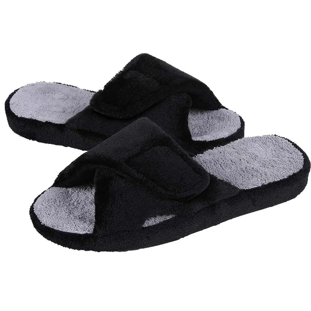 Comwarm Four Seasons Fuzzy House Slippers Women Home Flats Sandals Open Toe Slip-on Cotton Slippers Casual Indoor Furry Slides