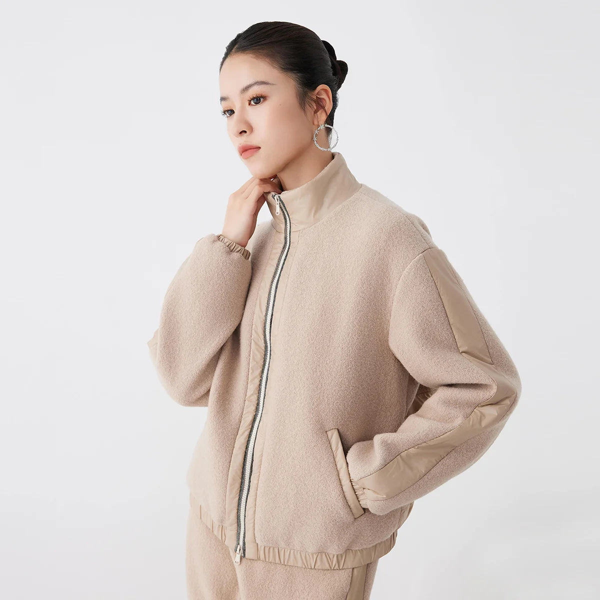 K2638W High quality women's clothing luxury brand white goose down padded cotton stand-up collar jacket wool coats