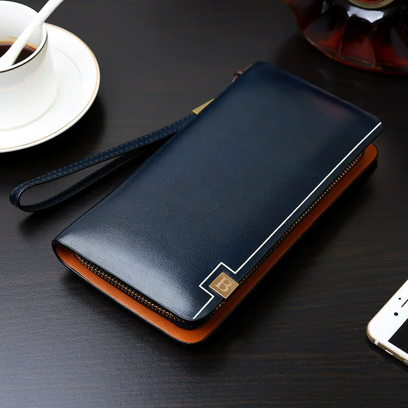 Luxury Brand Men Clutch Bag Leather Long Purse Double Zipper Business Wallet For Husband Gift Black Brown Male Casual Handy Bag