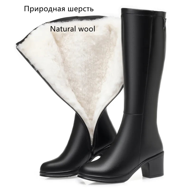 AIYUQI Women Knight Boots Genuine Leather 2025 New Wool Warm Women Winter Boots Round Toe High Heels Fashion Women Long Boots