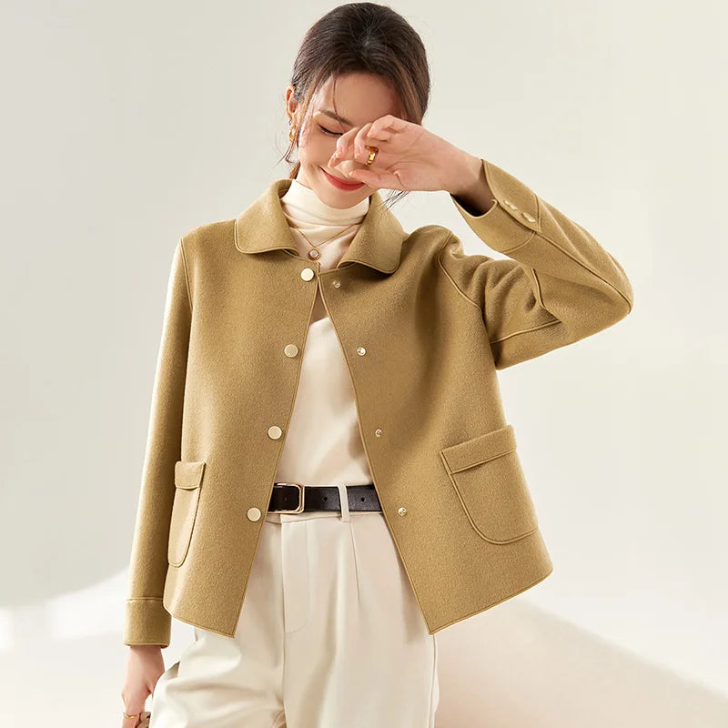 SENTUBILA Women 100% Wool Coat 2025 Office Lady Elegant Fashion Warm Solid Vintage Turn-down Collar Pocket Short Coats W24O43399