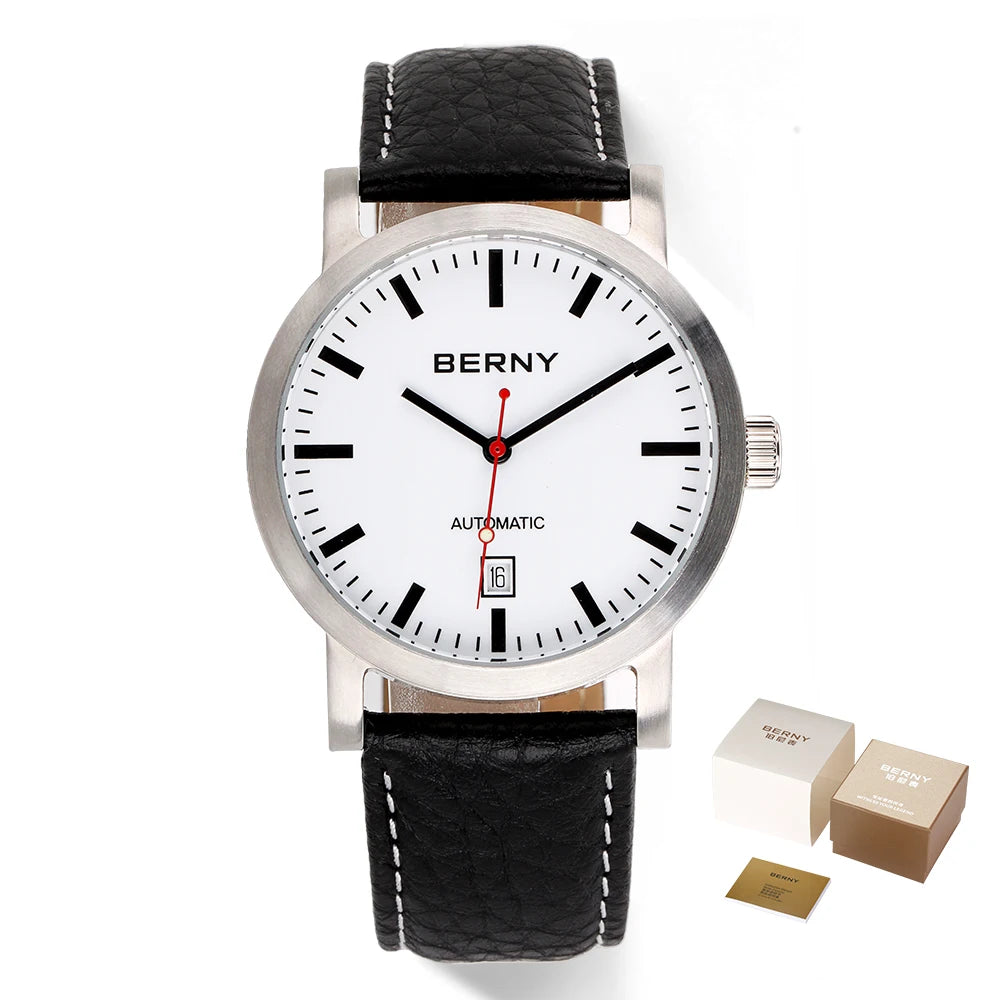 BERNY Men Mechanical Wristwatch 5ATM Waterproof Watch Casual Leather Swiss Railway Timepiece ST1612 Luxury Automatic Men Watch