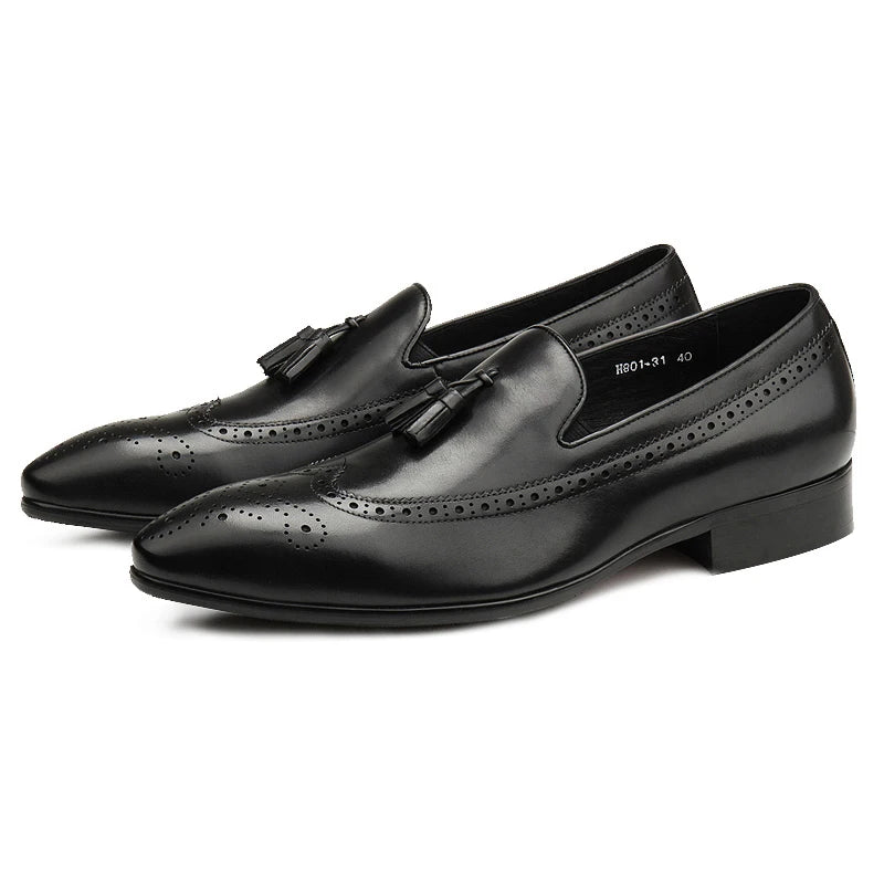 Hot Spring/Autumn Men Loafers Cowhide Carved Dress Party Wedding Pointed Toe Office Black/Brown/Coffee Men Sapatos Tassel Shoes
