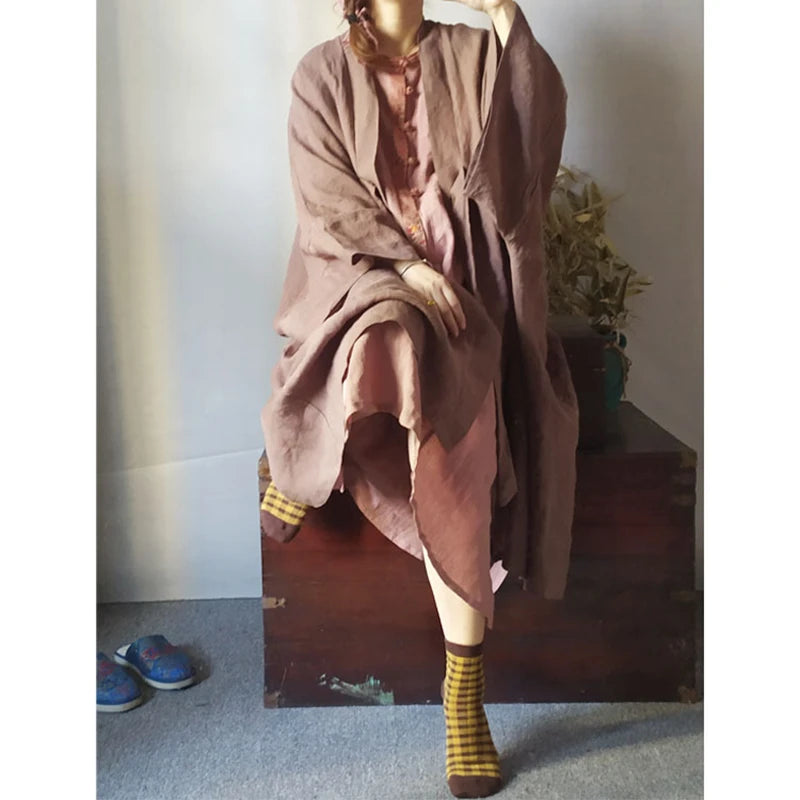 Arts Style 2025 New Arrival Spring/summer Women Loose Casual Good Quality Cotton Linen Long Coat V-neck Open Stitch Trench Y333