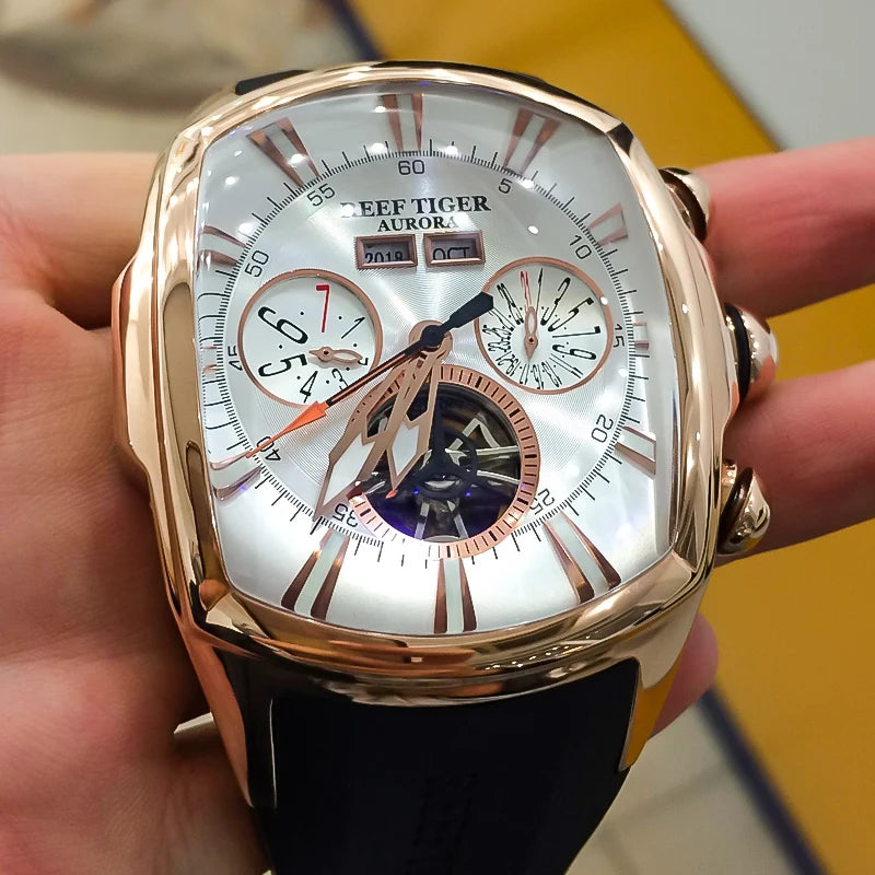 Reef Tiger/RT Designer Sport Watches with Tourbillon Stainless Steel Rubber Strap Blue Dial Automatic Watches RGA3069