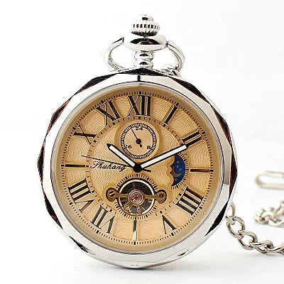 Luxury High Quality Golden Moon Phase Mechanical Pocket Watch Roman Number Tourbillon Dial Pendant Chain Men Women PJX1398