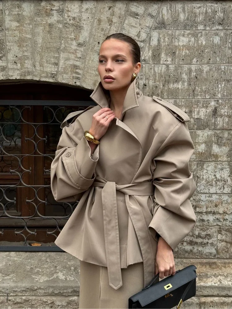 Elegant Solid Lace Up Overcoat Women Chic Full Sleeve Lapel Collar Button Loose Coat Autumn Female Street New Oversize Outerwear