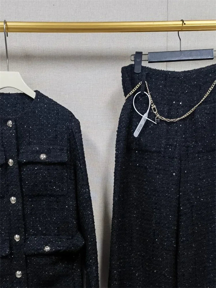 Autumn Winter Women Shiny Silk Tweed Coat Tassel Trim Lace-Up Cinching Jacket Top or Wide Leg Pants with Sashes
