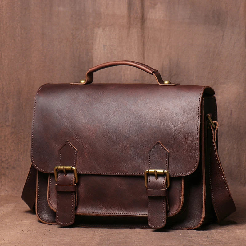 LUOKIR Men's Genuine Leather Handbag Vintage Cowhide Shoulder Crossbody Classic Flap Messenger Preppy Style Cambridge Book Bags