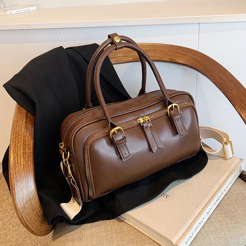 Vintage Handbags for Women Solid Pu Leather Tote Bags Large Capacity Female Commute Wide Strap Crossbody Packs 2024 New