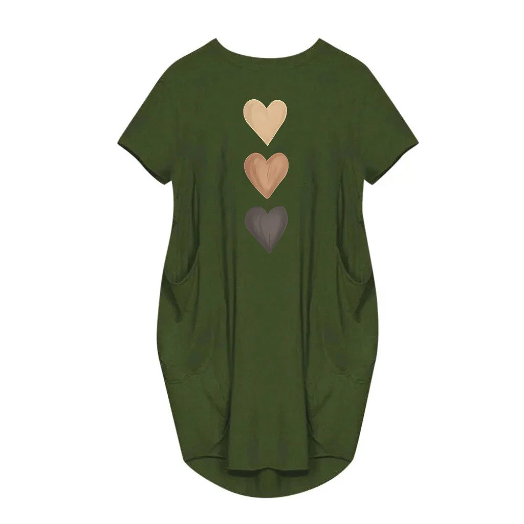 Women's three heart-shaped printed pocket dress, casual round neck short sleeved dress for spring and summer women's wear