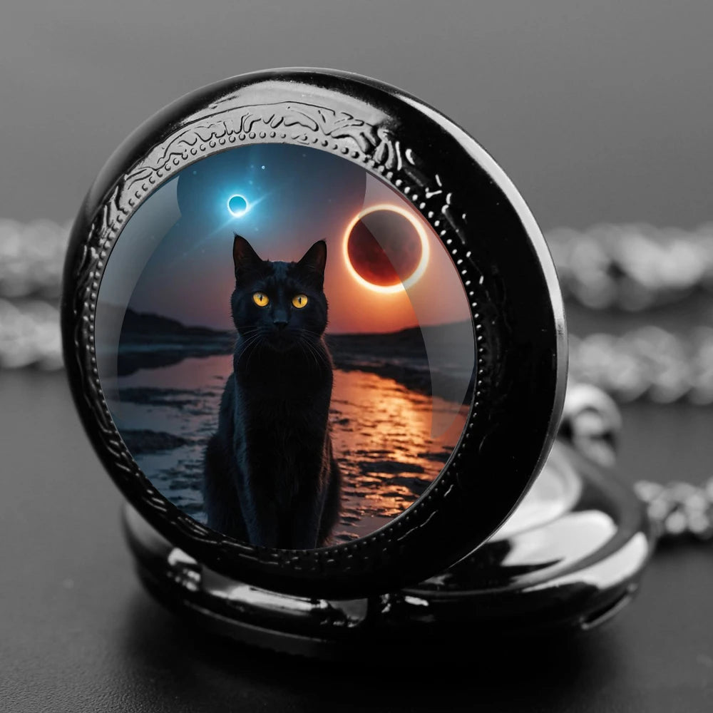 Halloween Black Cat Design Glass Dome Fashion Arabic Numerals Quartz Pocket Watch Necklace Pendant Chain Mens Women Gifts