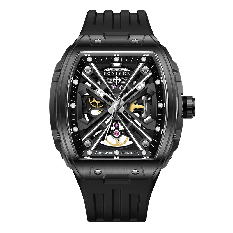 PONIGER New Men's Watch Automatic Movement Mechanical Tourbillon Design Men Watch Stainless Steel Case Waterproof Luminous Watch