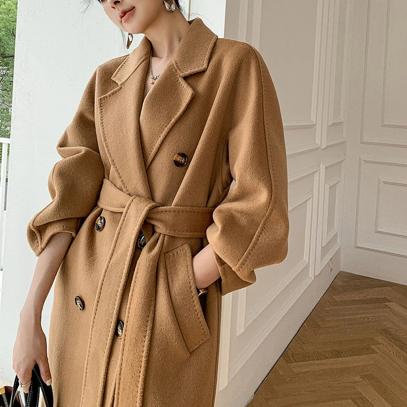 High Quality Double Sided 100%Wool Coat Women Long Double Breasted Elegant Loose Cashmere Winter Jacket