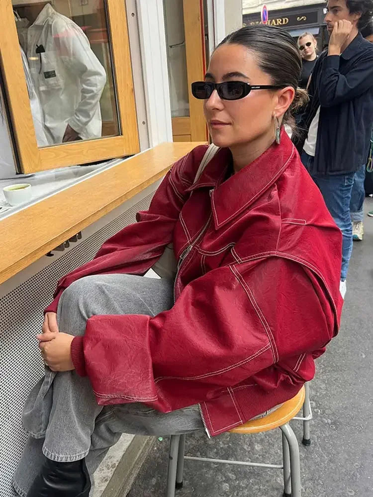 Women Red Lapel Zipper Leather Cropped Coat 2025 Chic Retro Loose Casual Short Jackets Autumn Fashion Motorcycle Leather Tops