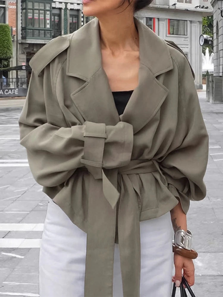 Elegant Solid Lace Up Overcoat Women Chic Full Sleeve Lapel Collar Button Loose Coat Autumn Female Street New Oversize Outerwear