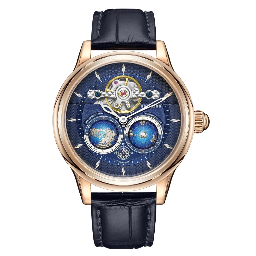 SEAKOSS 3D Double Earth Rotating Automatic Movement Mechanical Watch for Men 1963 Flywheel Wristwatches 5Bar Waterproof Clock